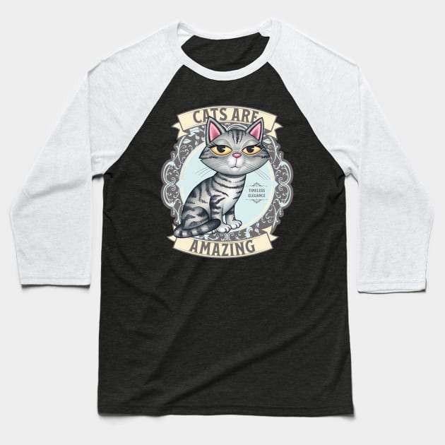 Cute Gray Kitty Cat on Silver Cats are Amazing Baseball T-Shirt by Danny Gordon Art